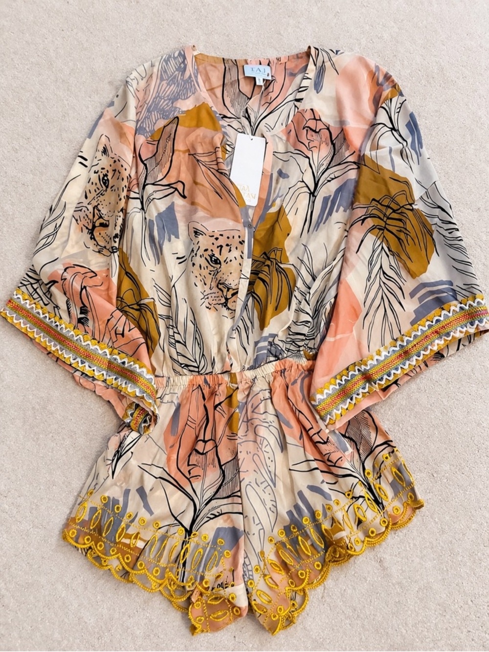 NWT TAJ by Sabrina Crippa Tiger Tropical Print Romper Boho Resort Viscose Small - Picture 4 of 8